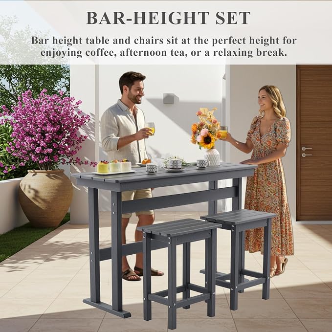 3 Pcs HDPE Outdoor Bar Set of 2 Includes Bar Height Table and Chairs, Patio Bar - Image 4