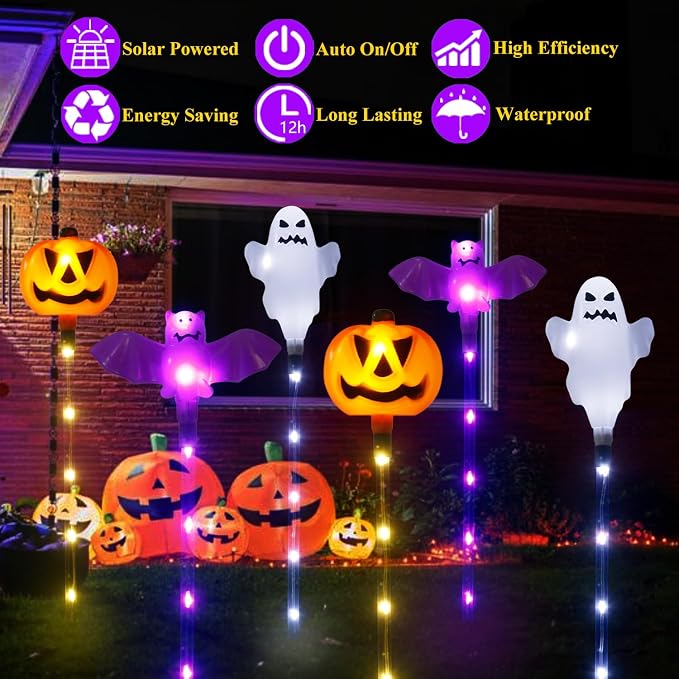 Halloween Decorations Outdoor Solar Pumpkin Bat Ghost Garden Stake Lights - Image 2