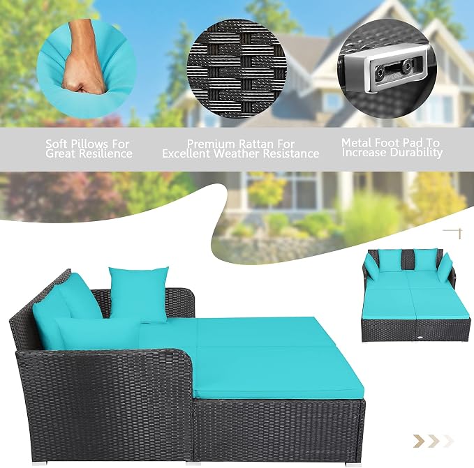 HAPPYGRILL Outdoor Rattan Daybed Patio Loveseat Sofa Set - Image 6