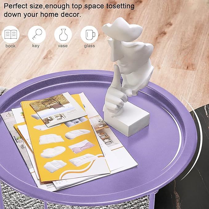 Garden 4 you End Table 2 PCS Metal Side Table Purple Round Folding Tray Cyan - Image 7