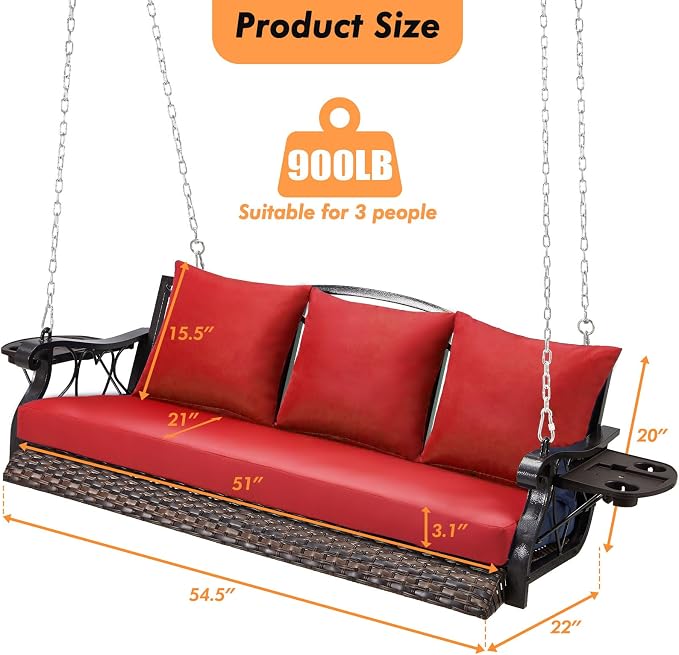 Heavy Duty 900 LBS Porch Swing Chair 3-Person Outdoor Rattan Patio Swing Lounge - Image 6