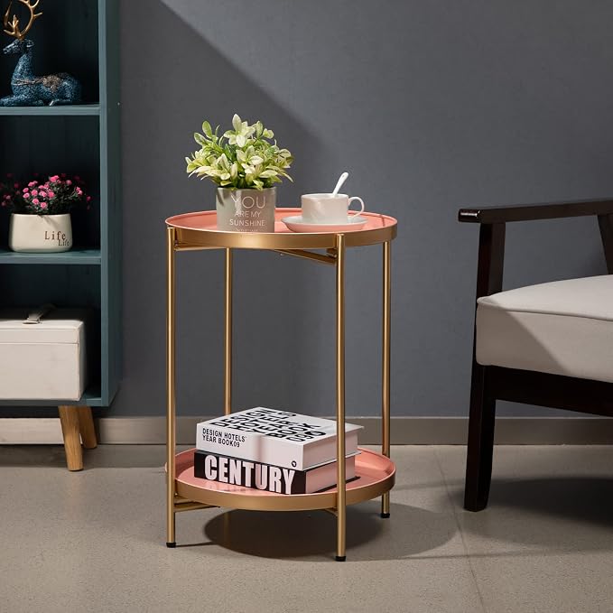 HollyHOME 2-Tier Round Gold Side Table, Outdoor Small Folding Accent Stand - Image 8