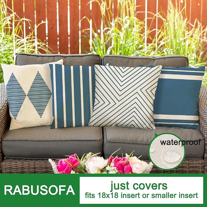 RABUSOFA Outdoor Pillows Waterproof, 18x18 inch Blue and White Boho Set of 4 - Image 3
