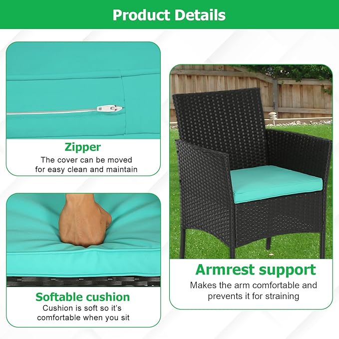 FDW 3 Piece Outdoor Furniture Set Patio Wicker Chairs Furniture Bistro - Image 5