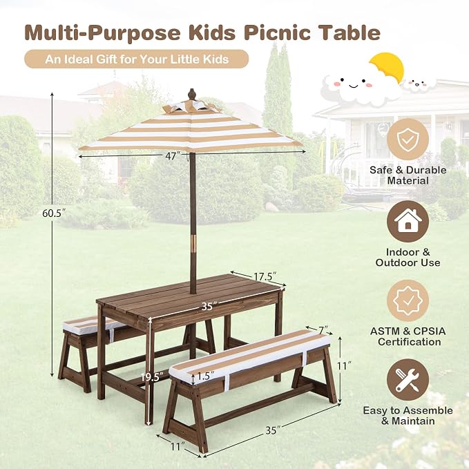 HONEY JOY Kids Picnic Table, Outdoor Wooden Table & Bench Set w/Removable - Image 5