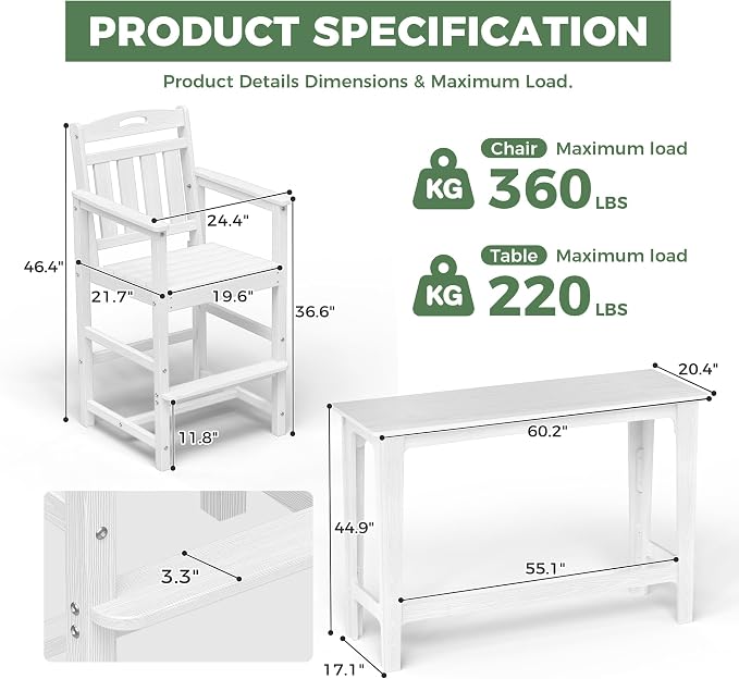Outdoor Patio Bar Height Table and Tall Adirondack Chairs Set of 2, All-Weather - Image 3