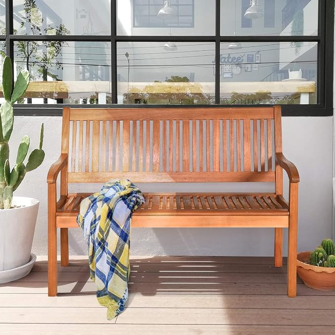 COSTWAY Wooden Bench Outdoor, Curved Armrest & Backrest, Sturdy Outdoor Wood - Image 6