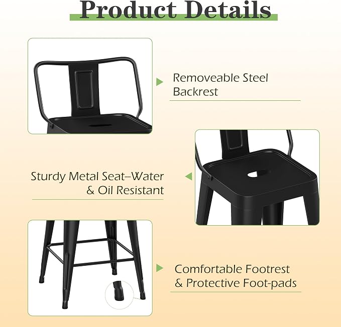 Metal Bar Stools Set of 4 Barstools Indoor/Outdoor Counter Height Bar Stools - Image 5