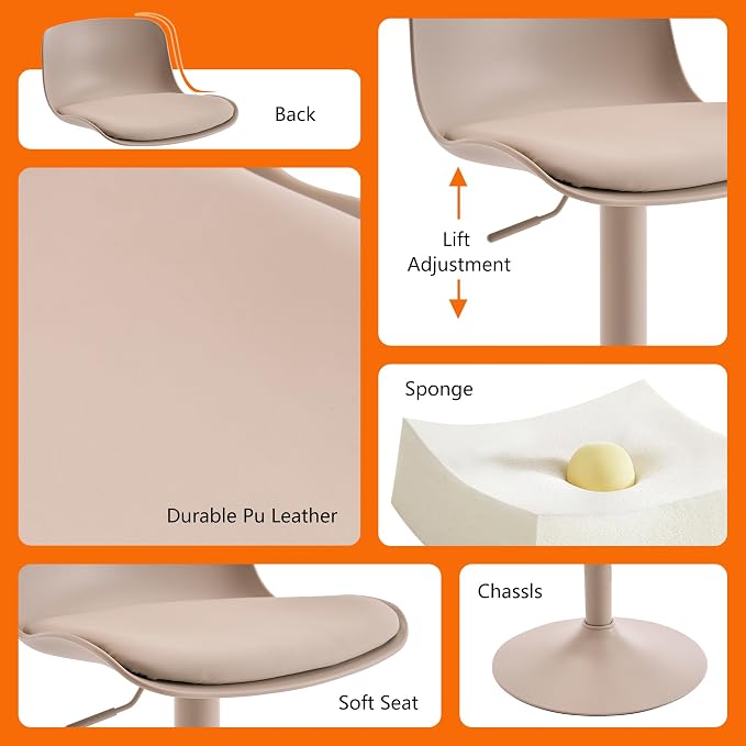 Kidol & Shellder Bar Stools Set of 2 Cream Adjustable Swivel Counter Height - Image 5