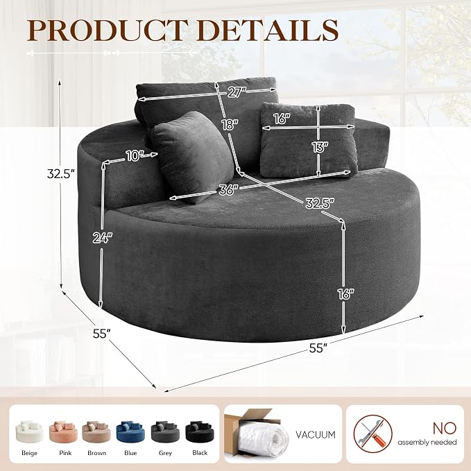 Antetek Oversized Round Chaise Longue Chair Indoor, Modern 55-inch Upholstered - Image 2