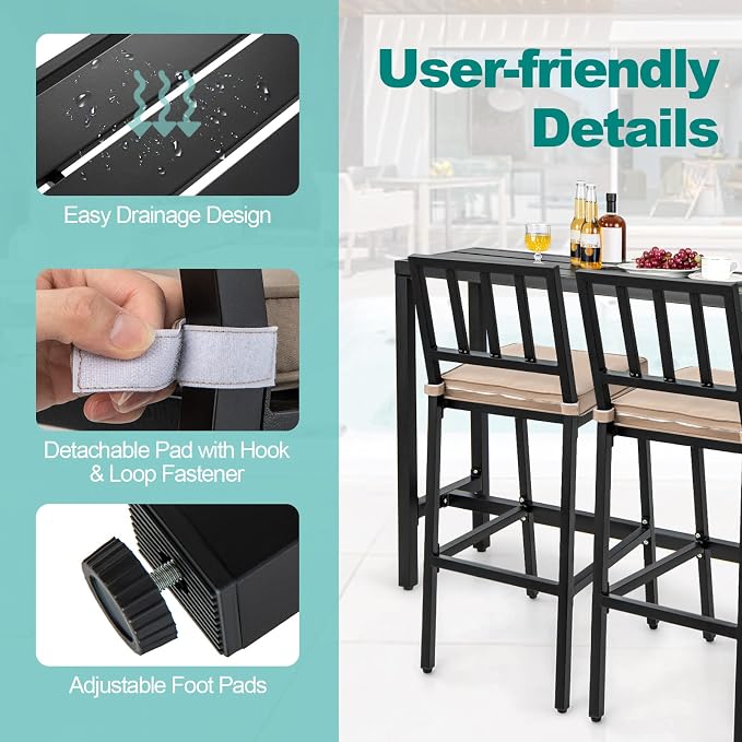 COSTWAY 3 Piece Outdoor Patio Bar Set, Metal Bar Table and Chairs Set - Image 6