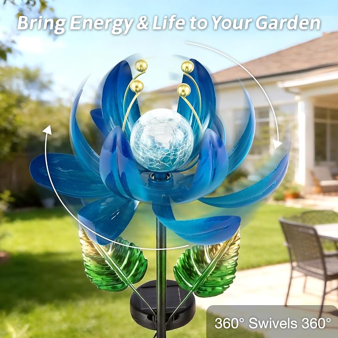 Solar Garden Lights Metal Flower Decor, Colorful Lotus Pathway Spinning Windmill - Image 4