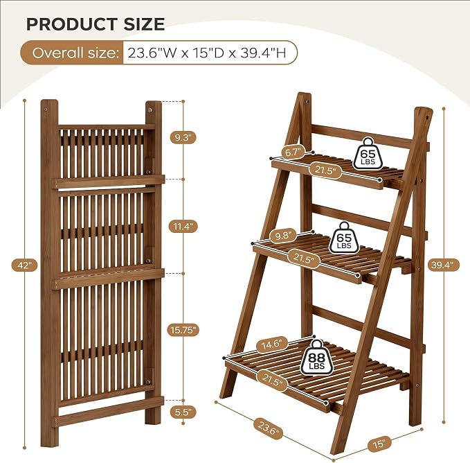 39.4" Bamboo Ladder Shelf Plant Shelf, 3 Tier Foldable Ladder Flower Pot - Image 4
