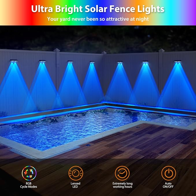 Solar Fence Lights, RGB & Warm White & 6 Colors Bright Lens LED Dusk to Dawn - Image 5