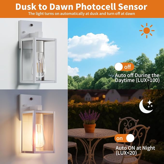 2 Pack White Dusk to Dawn Front Porch Lighting Fixtures Wall Mount, Sensor - Image 2