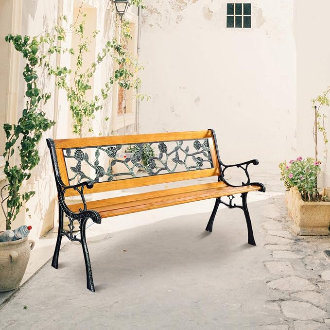 Giantex 50'' Patio Park Garden Bench, Outdoor Furniture Rose Cast Iron Hardwood - Image 7