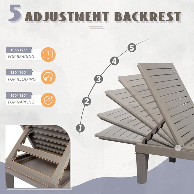 Outdoor Chaise Lounge Set of 2, Lightweight Patio Chairs, Waterproof Sun - Image 7