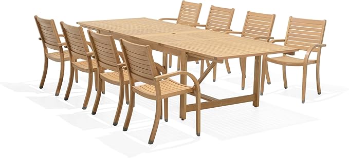 Amazonia Berlin 9-Piece Rectangular Extendable Patio Dining Set | Teak Finish | by Amazonia