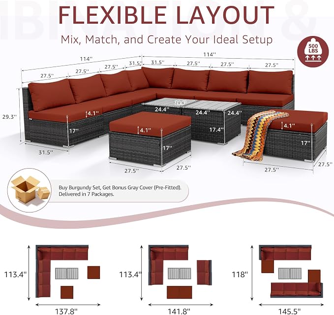 NICESOUL 11 Piece L Shape Patio Furniture Set, 29.3'' High Back Comfy Rattan - Image 4
