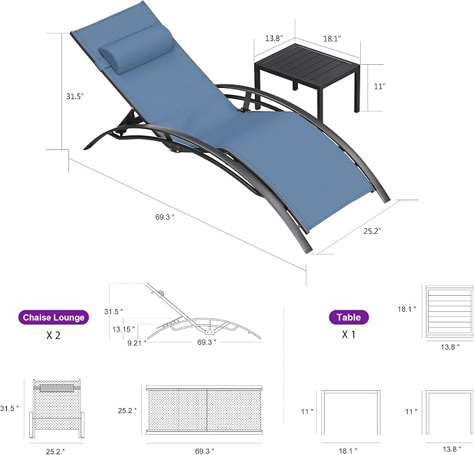 PURPLE LEAF Patio Chaise Lounge Set of 3 Outdoor Lounge Chair Beach Pool - Image 2