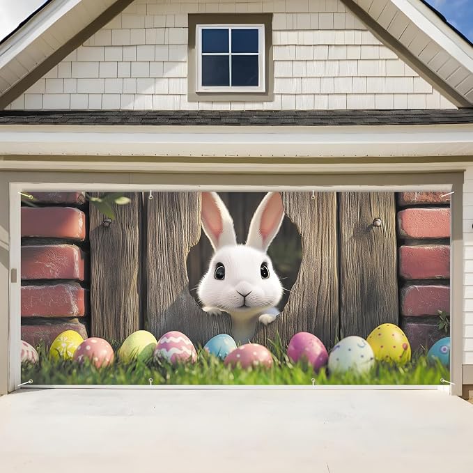 ANNA QUEEN Easter Bunny Garage Door Banner 6x13FT, Cute Rabbit Peeking Through by ANNAQUEEN
