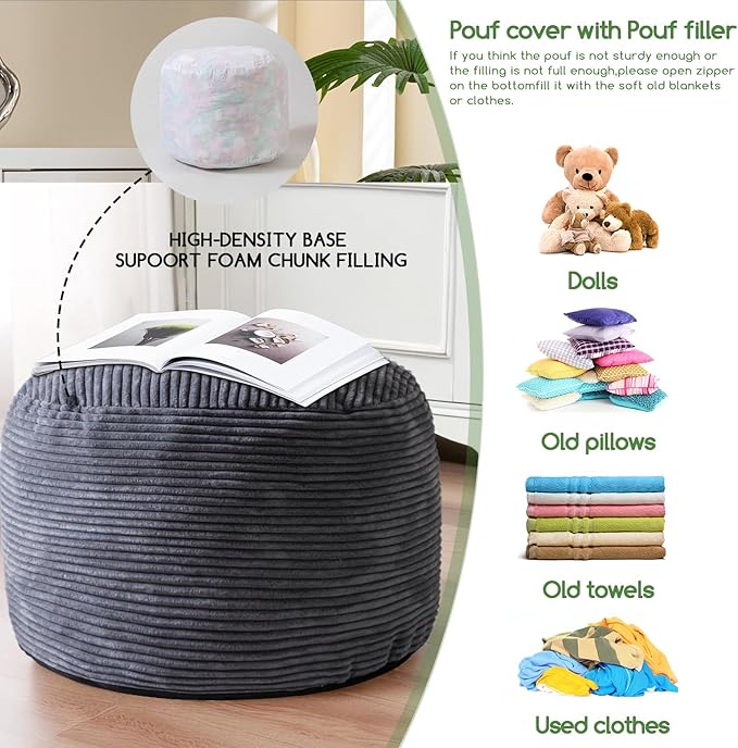 HIGOGOGO Round Stuffed Pouf Ottoman, Corduroy Poufs - Image 5