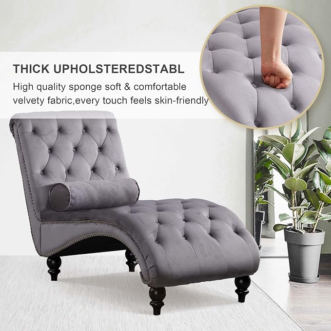 Chaise Lounge Indoor, Velvet Upholstered Lounge Chair Button-Tufted Armless - Image 3