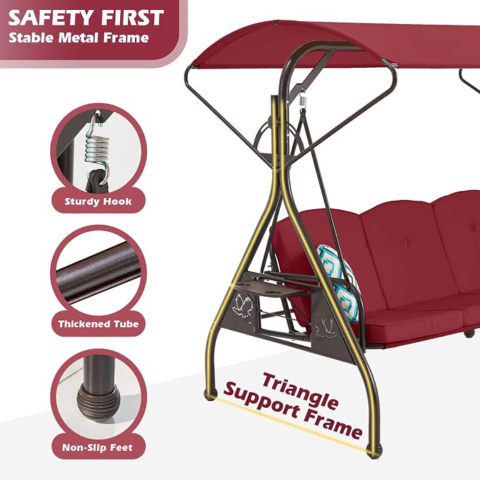 800LBS Patio Swing with Canopy 3 Seat Outdoor Porch Swing with Stand w/Cup - Image 3