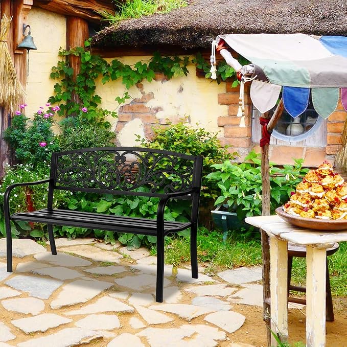 50in Outdoor Garden Park Bench, Outdoor Metal Porch Benches, Weatherproof Patio - Image 8