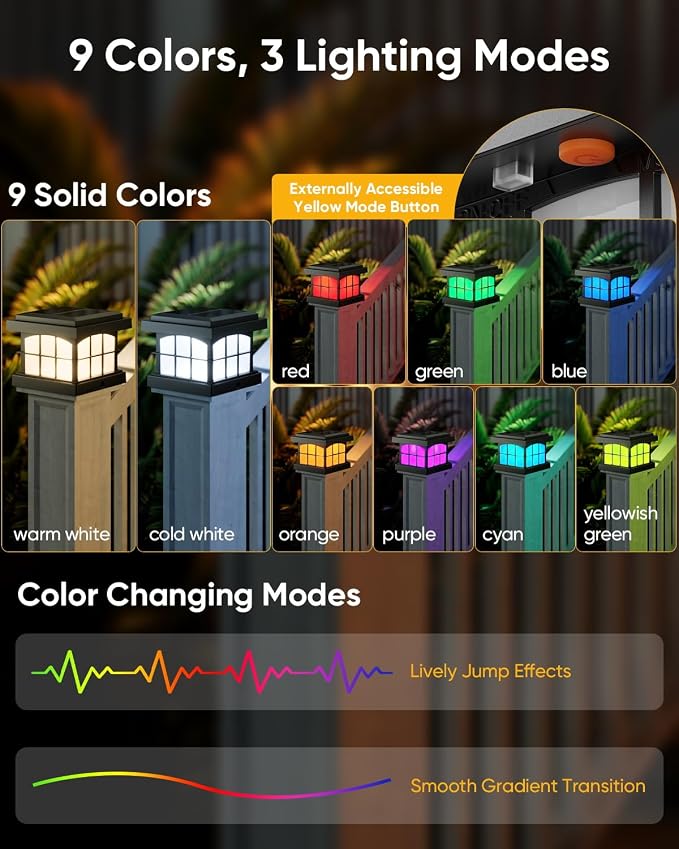 PARTPHONER RGBCW Solar Post Cap Lights 2-Pack, 9 Colors 3 Modes Fence Cap Lights - Image 2