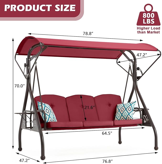 800LBS Patio Swing with Canopy 3 Seat Outdoor Porch Swing with Stand w/Cup - Image 7