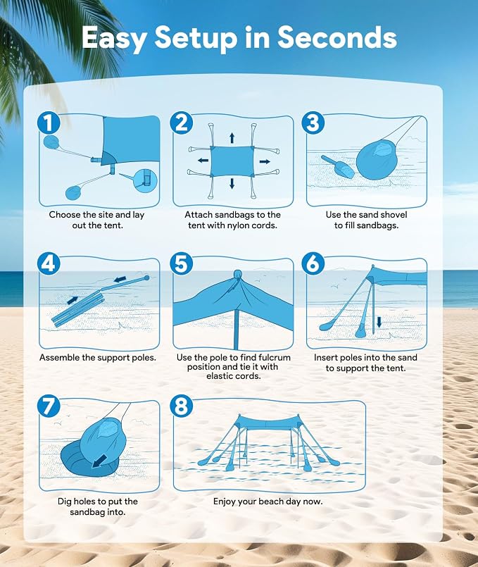Beach Tent Sun Shelter, 10 x 10 FT Beach Canopy Tent Sun Shade, UPF50+ Tents - Image 7