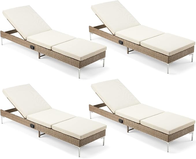 HOMREST Outdoor Chaise Lounge Chair Set of 4, Patio Wicker Lounge Chairs by HOMREST