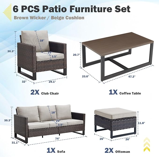 Belord 6 Piece Outdoor Furniture Patio Wicker Sofa Set, Oversize Outdoor Dining - Image 2