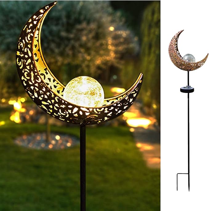 Solar Garden Light Outdoor Decorative, Moon Decor Crackle Glass Globe Garden by HDNICEZM