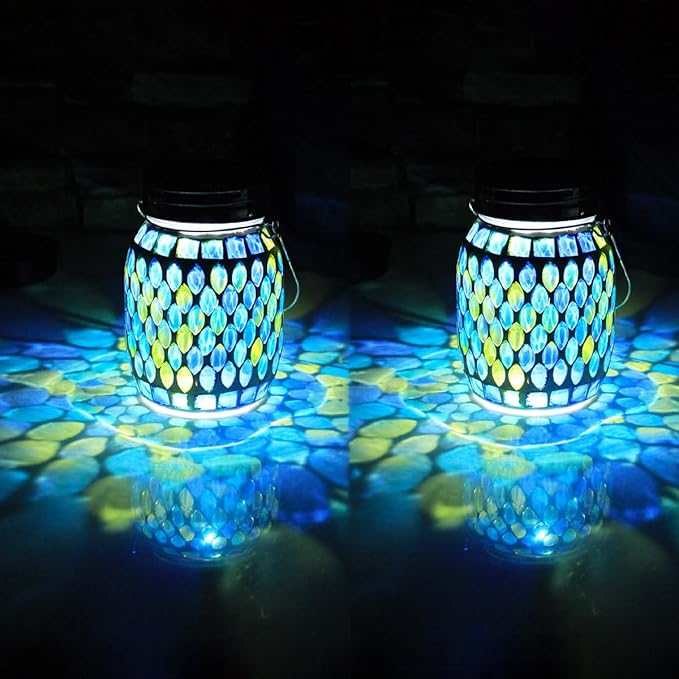 Solar Mosaic 2pack Outdoor Waterproof Cool Blue Mosaic jar Decor Christmas Gifts - Image 9