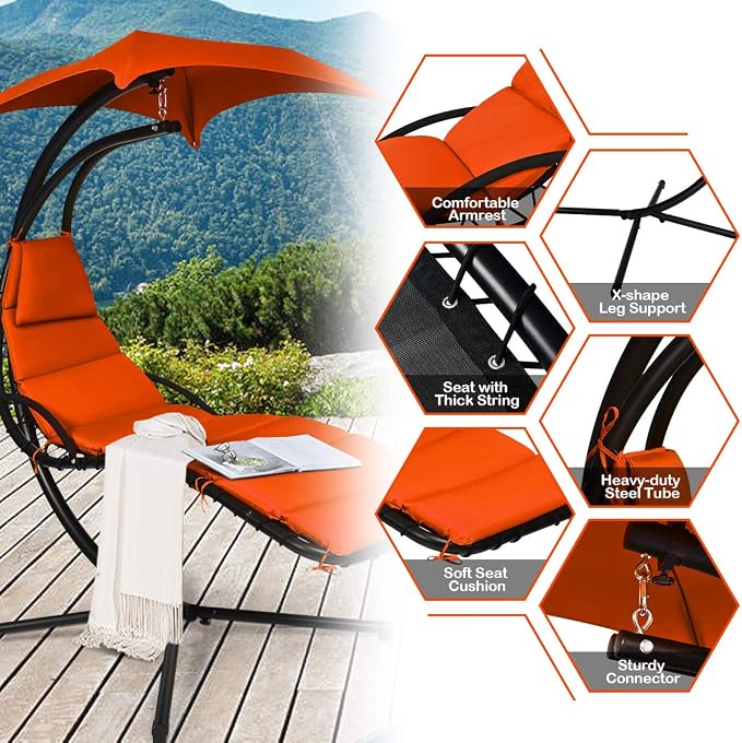 Giantex Hanging Chaise Lounger Chair, Arc Stand Porch Swing Chair w/Canopy - Image 5