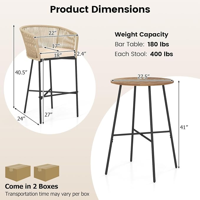 Tangkula 3 Pieces Rope Woven Patio Bar Set, Outdoor High Table and Chairs Set - Image 3