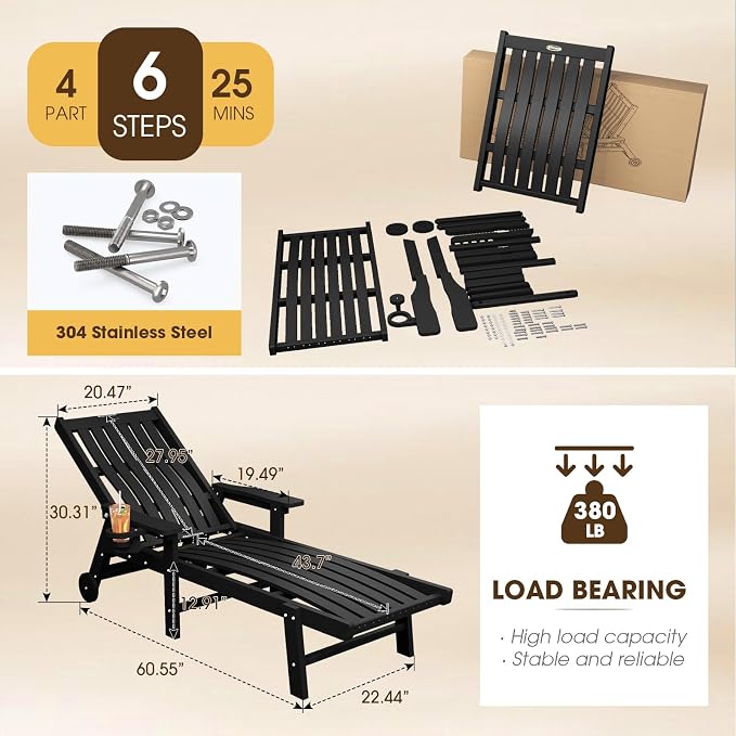Patio Chaise Lounge Chair Set of 4, Oversized Lounge Chair Outdoor - Image 2