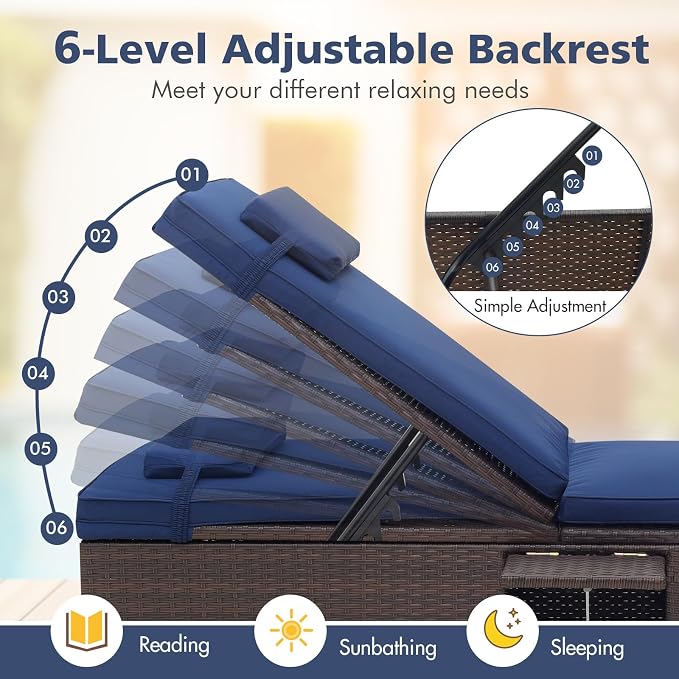 Tangkula Patio Chaise Lounge, Outdoor Rattan Lounge Chair w/ 6-Level Backrest - Image 6
