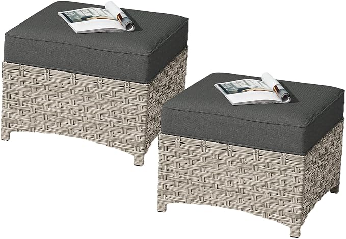HOOOWOOO 2 Piece Patio Ottoman Set, Outdoor Wicker Ottomans, All Weather by DesignforBetterLife