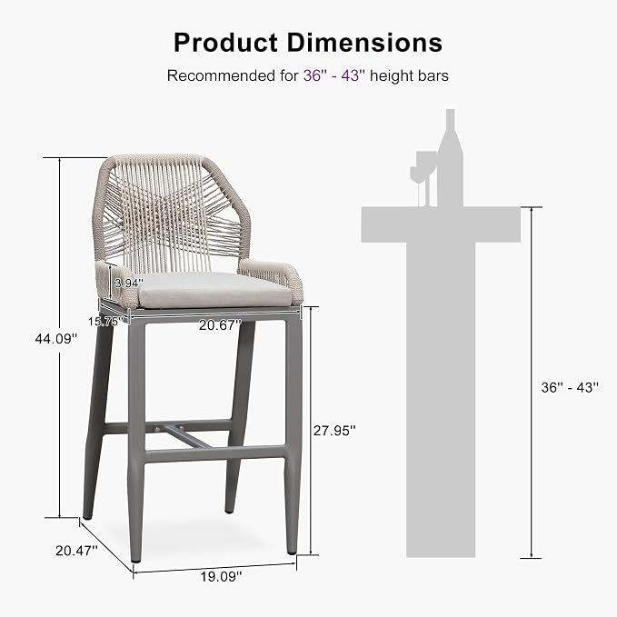 PURPLE LEAF Patio Bar Stool Bar Height Set of 2 Outdoor Rattan Chairs - Image 2