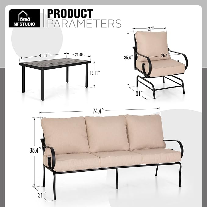 MFSTUDIO 5 Seats Large Metal Patio Conversation Sets, 4 Pieces Outdoor Patio - Image 7