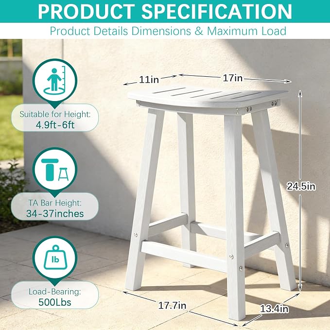 Outdoor Bar Stools Set of 6, 24 Inch All-Weather HDPE Counter Height Chairs - Image 3