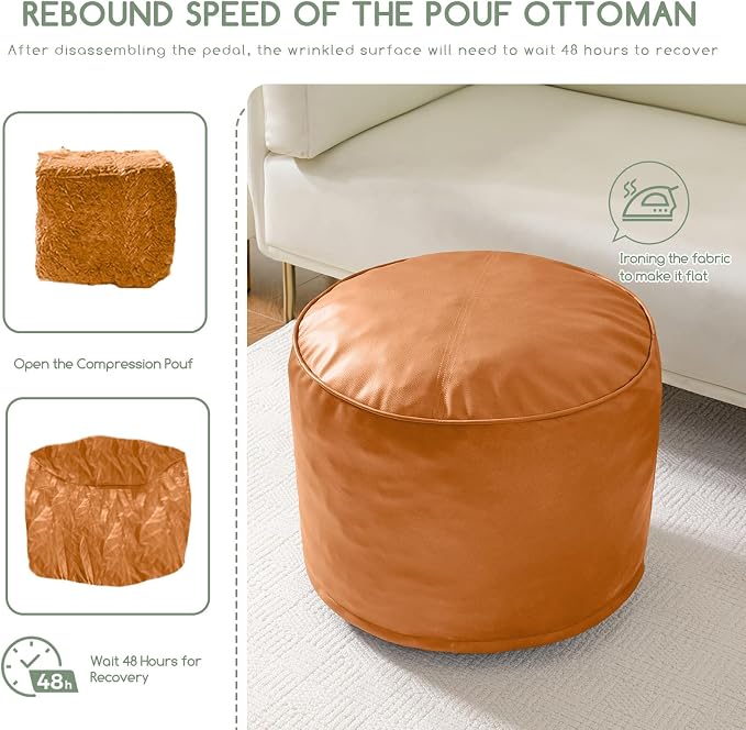 HIGOGOGO Round Stuffed Pouf Ottoman, Pu Leather Poufs - Image 8
