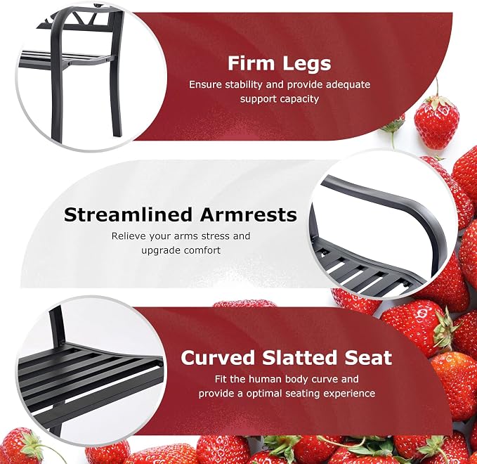 50” Strawberry Outdoor Garden Bench, Weatherproof Sturdy Cast Iron Metal Frame - Image 6