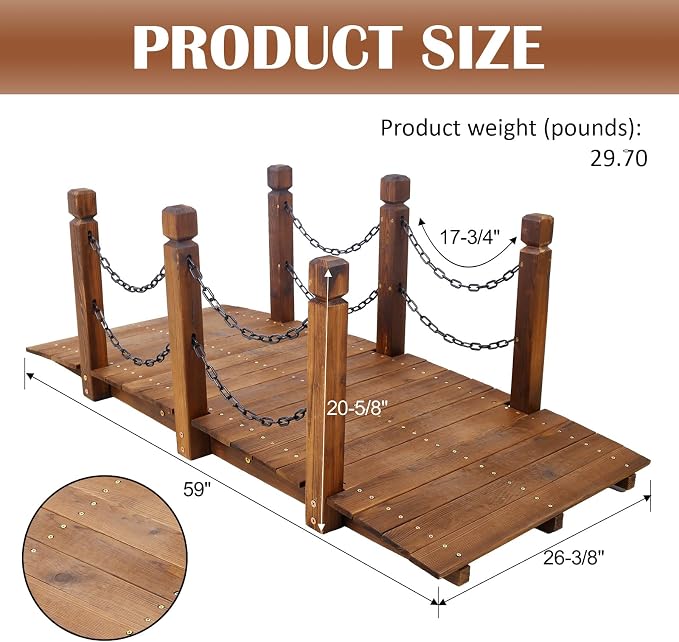 5 FT & 3.3 FT Wooden Garden Bridge, Stained Wood Arc Footbridge - Image 2