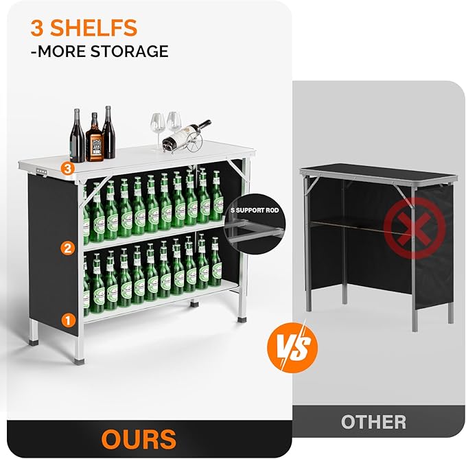 VINGLI Portable Bar Table, 3-Tier Shelves, Mobile Bar Table - Image 4