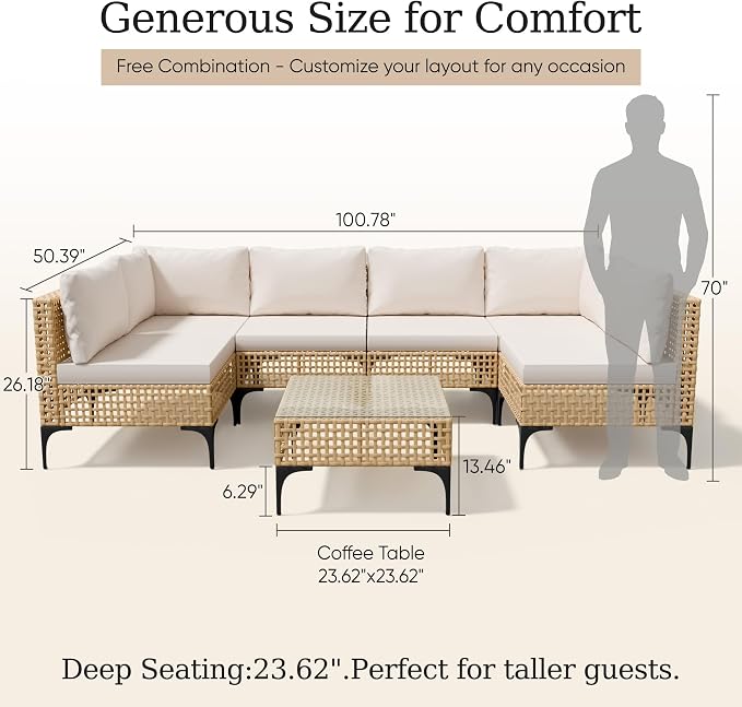 Devoko Patio Furniture Set 7 Piece Outdoor Sectional Sofa Hollow Rattan Patio - Image 2