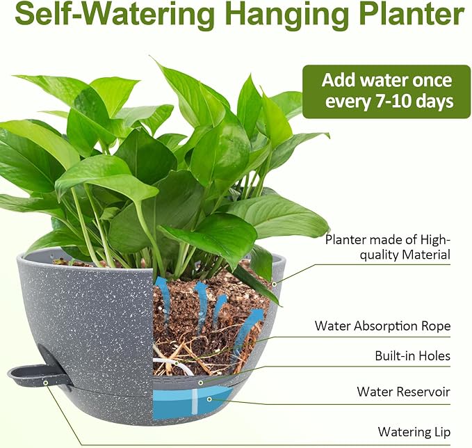 WOUSIWER Self Watering Hanging Planters, 2 Pack 12'' Plastic Pots - Image 6